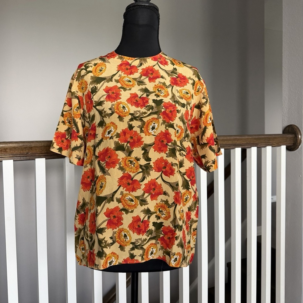 Vtg Oscar de la Renta 100% Silk Floral Top Medium Whimsigoth Cottage Romantic
